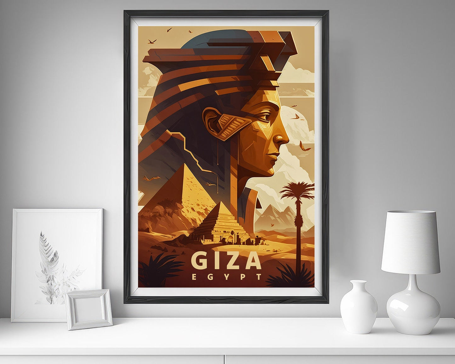 Framed Giza Egypt Pyramid Travel Poster in Portrait orientation, minimal background, close up wall art print 5