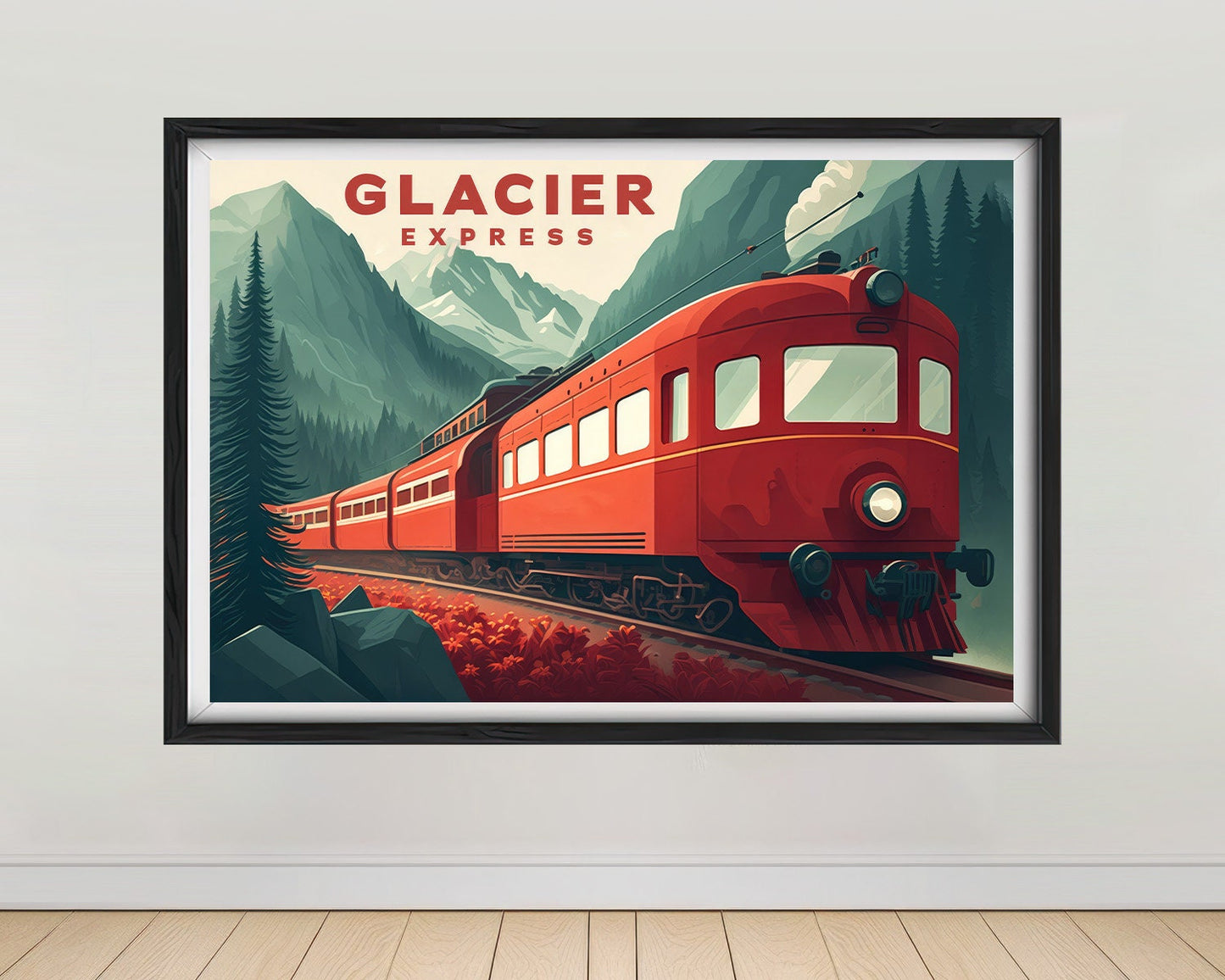 Framed Glacier Express Swiss Alps Travel Poster in Landscape orientation, minimal background, close up wall art print 1