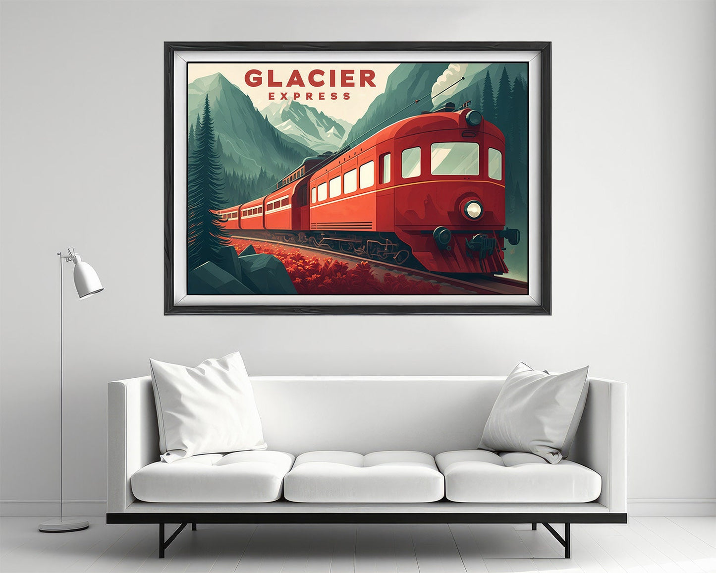 Framed Glacier Express Swiss Alps Travel Poster in Landscape orientation, minimal background, close up wall art print 2