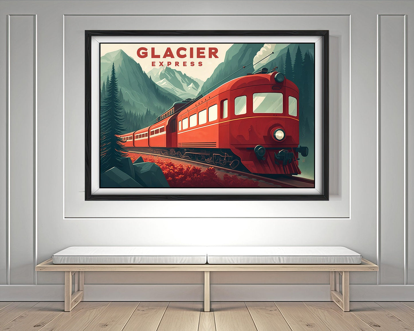 Framed Glacier Express Swiss Alps Travel Poster in Landscape orientation, minimal background, close up wall art print 3