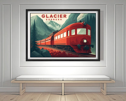 Framed Glacier Express Swiss Alps Travel Poster in Landscape orientation, minimal background, close up wall art print 3