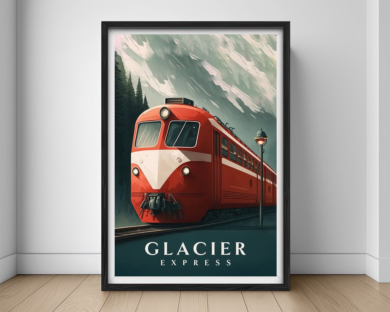 Framed Glacier Express Travel Poster in Portrait orientation, minimal background, close up wall art print 1