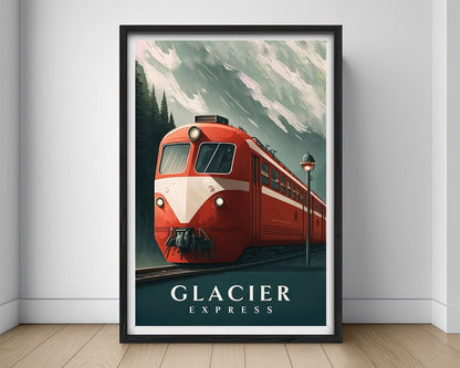 Framed Glacier Express Travel Poster in Portrait orientation, minimal background, close up wall art print 1