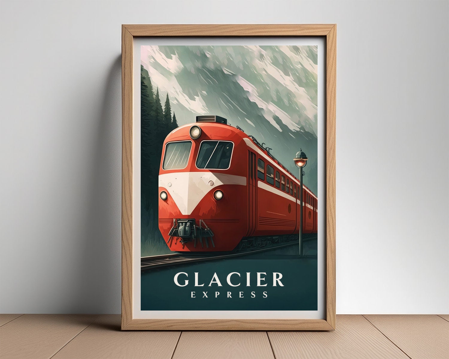 Framed Glacier Express Travel Poster in Portrait orientation, minimal background, close up wall art print 2