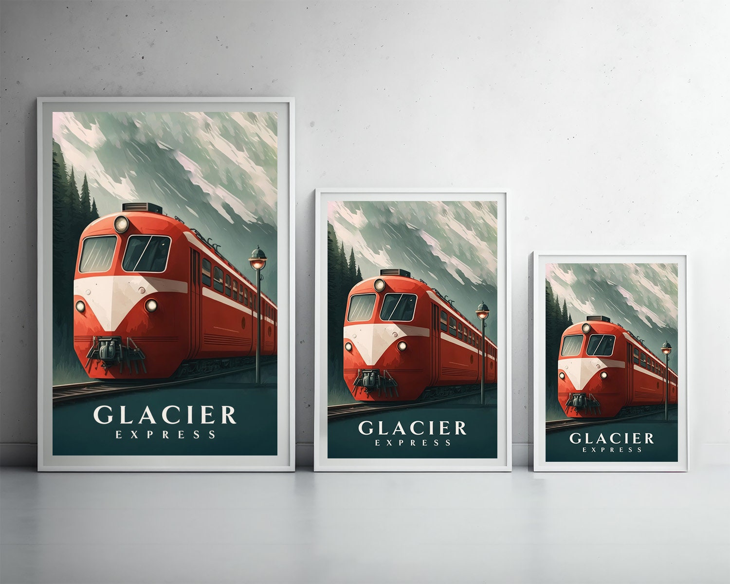 Framed Glacier Express Travel Poster in Portrait orientation, minimal background, close up wall art print 3