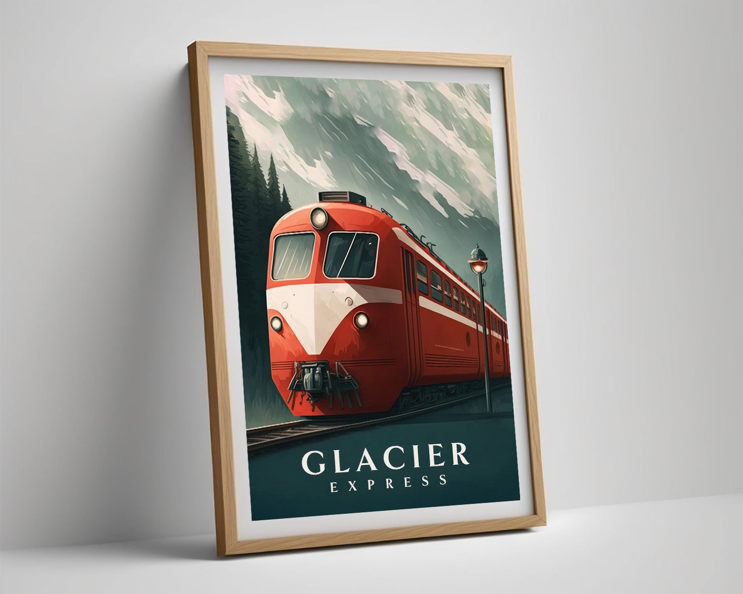 Framed Glacier Express Travel Poster in Portrait orientation, minimal background, close up wall art print 4
