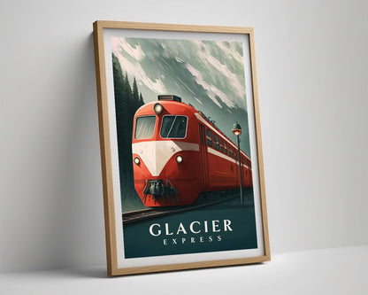 Framed Glacier Express Travel Poster in Portrait orientation, minimal background, close up wall art print 4