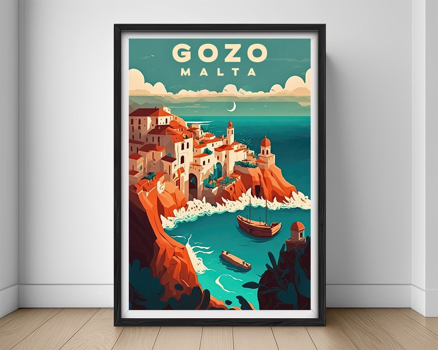 Framed Gozo Malta Europe Travel Poster in Portrait orientation, minimal background, close up wall art print 1
