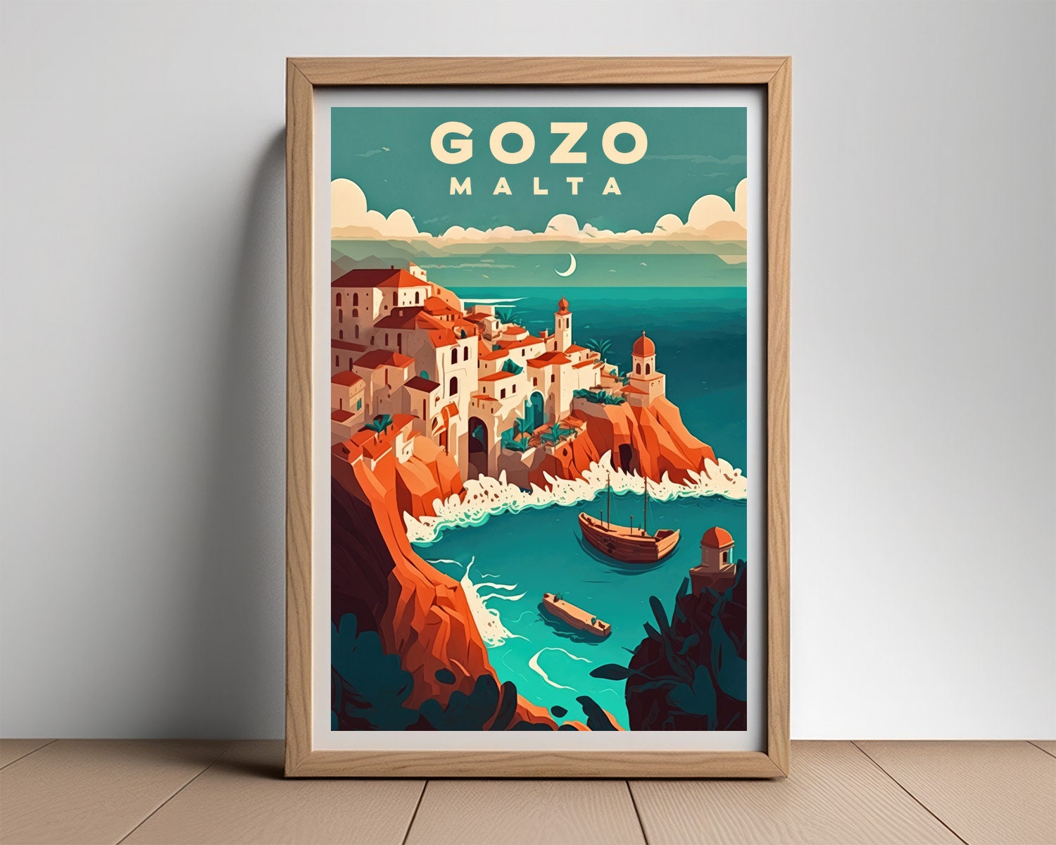Framed Gozo Malta Europe Travel Poster in Portrait orientation, minimal background, close up wall art print 2