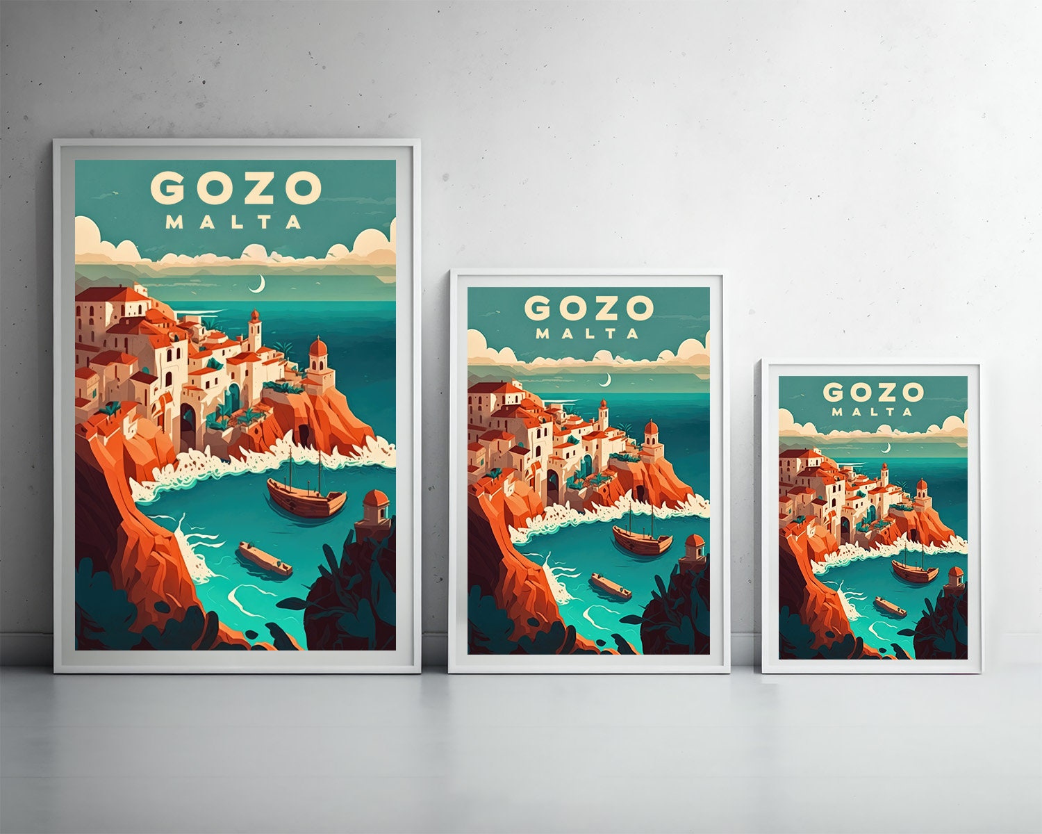 Framed Gozo Malta Europe Travel Poster in Portrait orientation, minimal background, close up wall art print 3