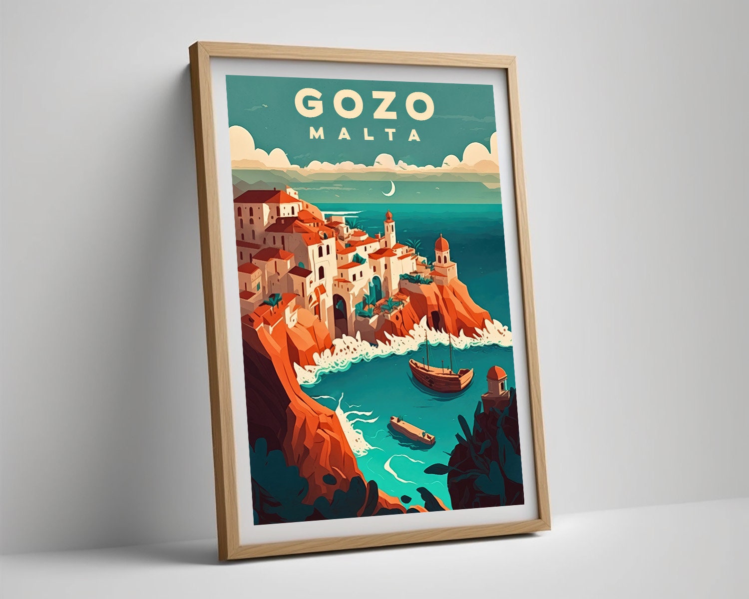 Framed Gozo Malta Europe Travel Poster in Portrait orientation, minimal background, close up wall art print 4