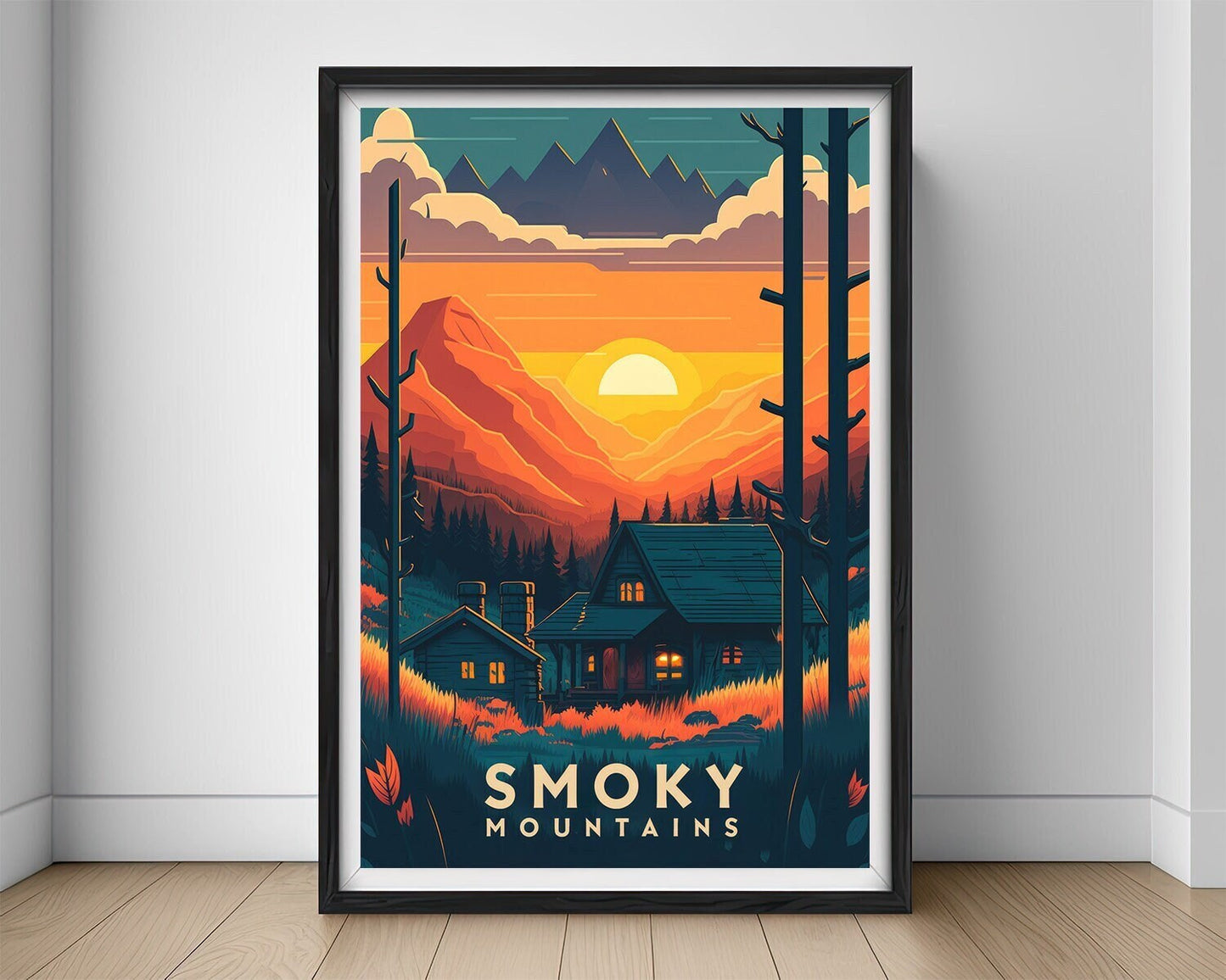 Framed Great Smoky Mountains Travel Poster in Portrait orientation, minimal background, close up wall art print 1