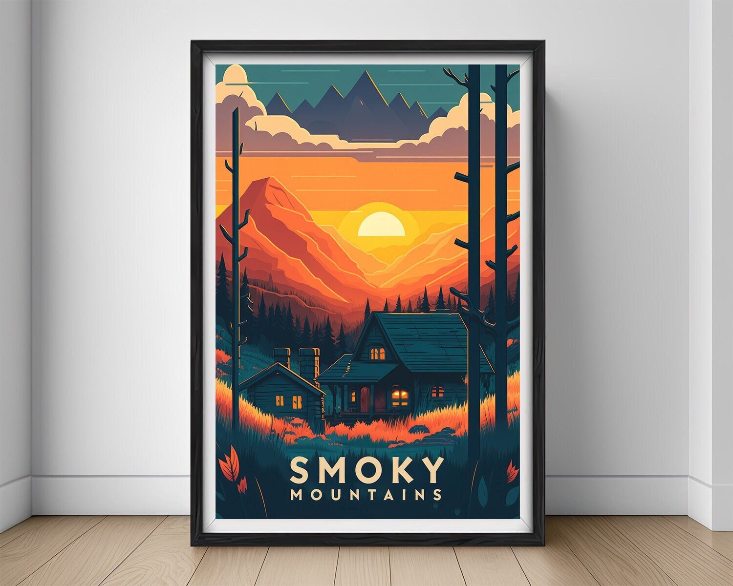 Framed Great Smoky Mountains Travel Poster in Portrait orientation, minimal background, close up wall art print 1