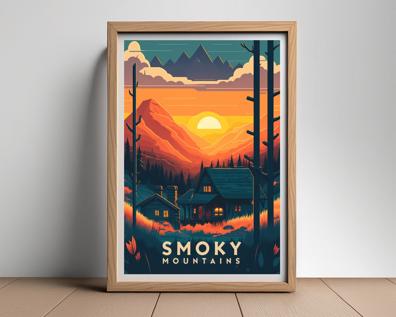 Framed Great Smoky Mountains Travel Poster in Portrait orientation, minimal background, close up wall art print 2