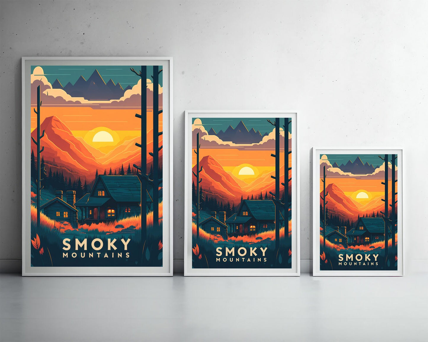 Framed Great Smoky Mountains Travel Poster in Portrait orientation, minimal background, close up wall art print 3