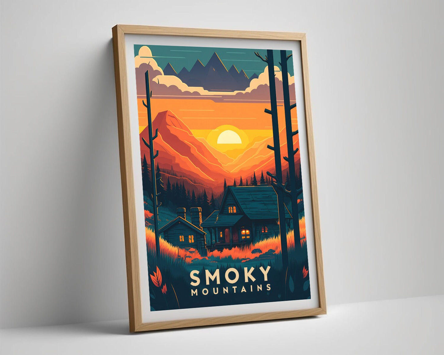 Framed Great Smoky Mountains Travel Poster in Portrait orientation, minimal background, close up wall art print 4