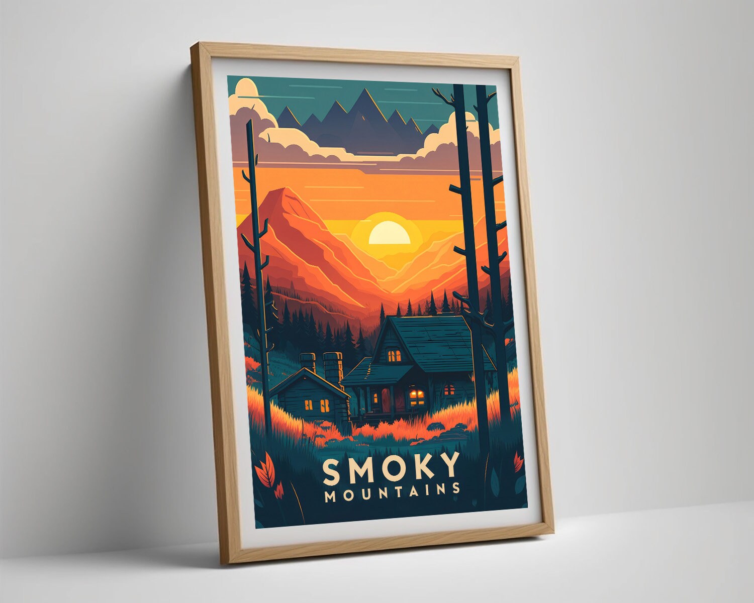 Framed Great Smoky Mountains Travel Poster in Portrait orientation, minimal background, close up wall art print 4