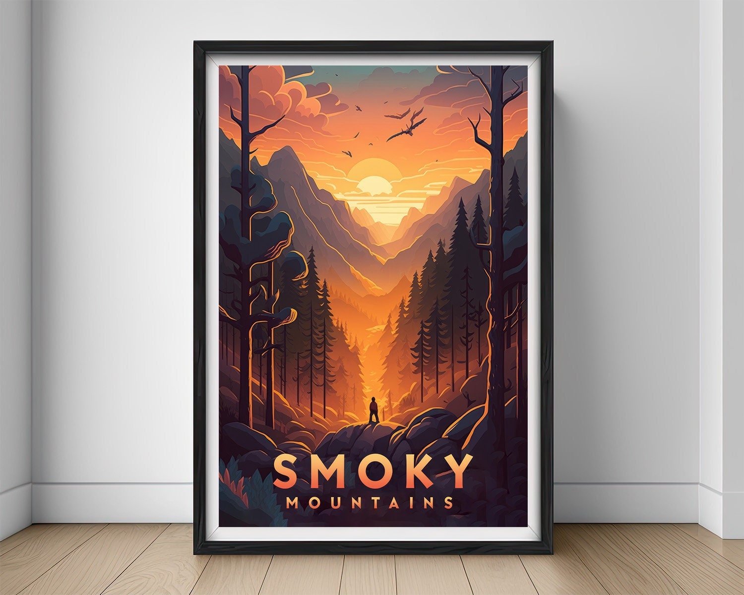Framed Great Smoky Mountains USA Travel Poster in Portrait orientation, minimal background, close up wall art print 1