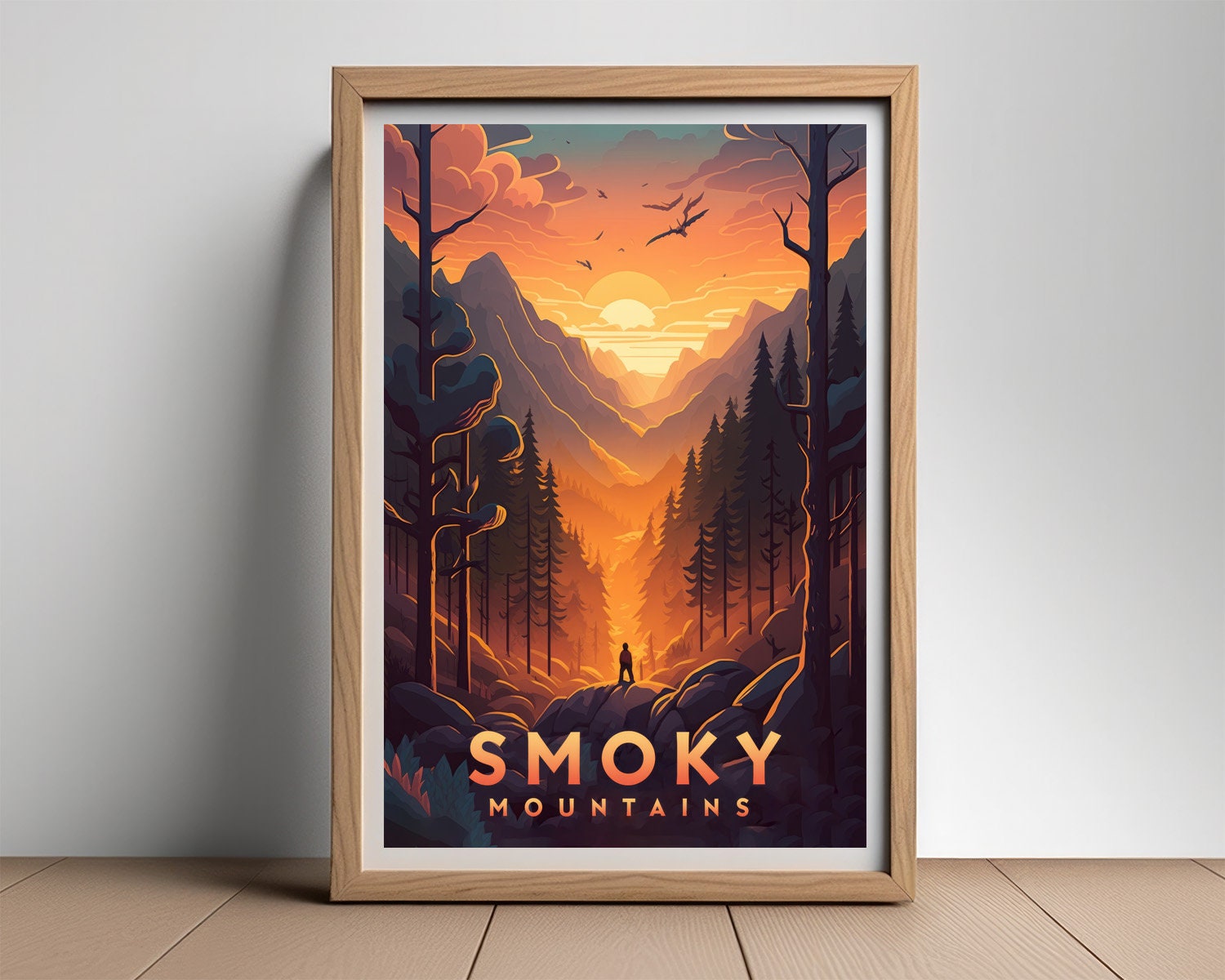 Framed Great Smoky Mountains USA Travel Poster in Portrait orientation, minimal background, close up wall art print 2