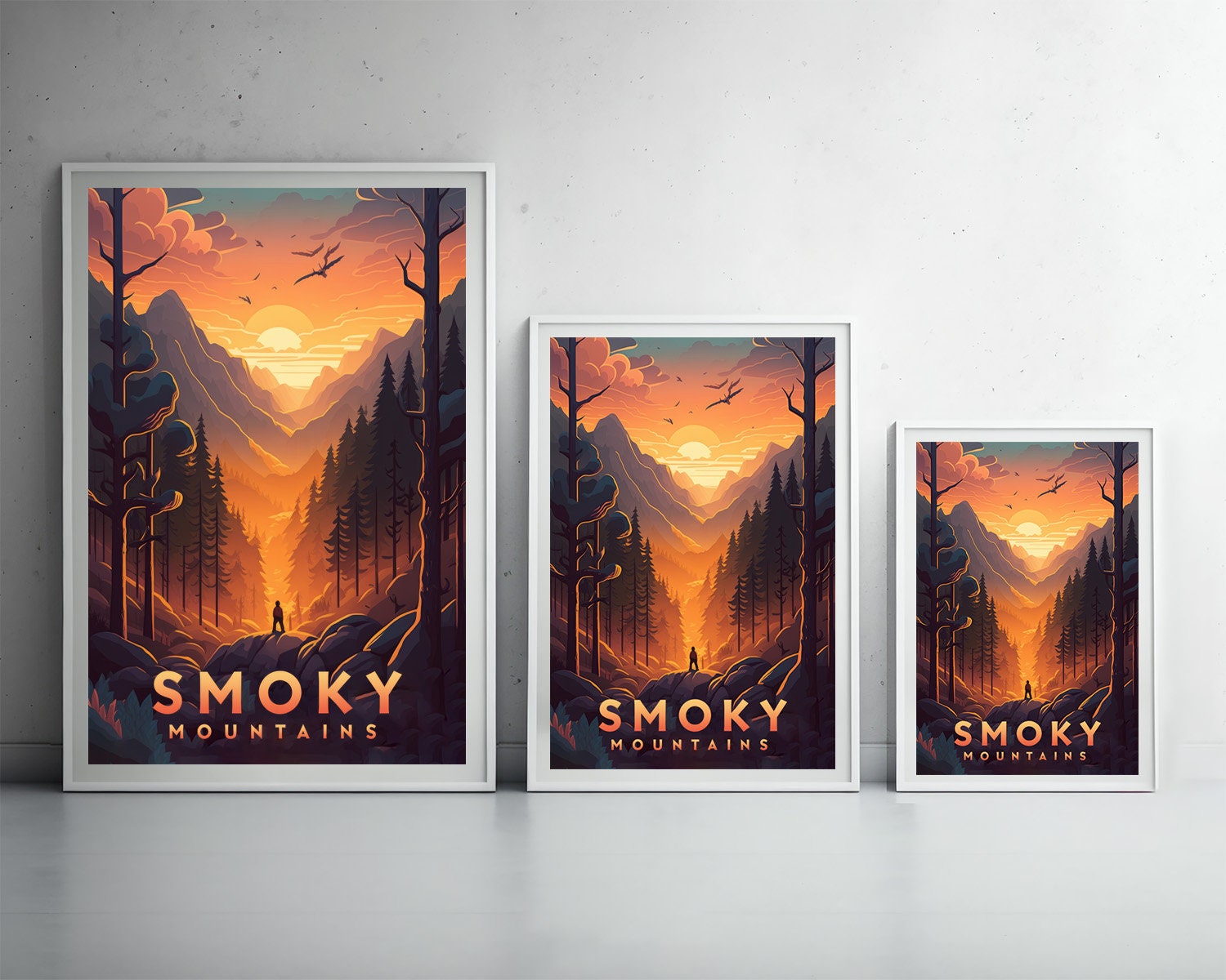 Framed Great Smoky Mountains USA Travel Poster in Portrait orientation, minimal background, close up wall art print 3