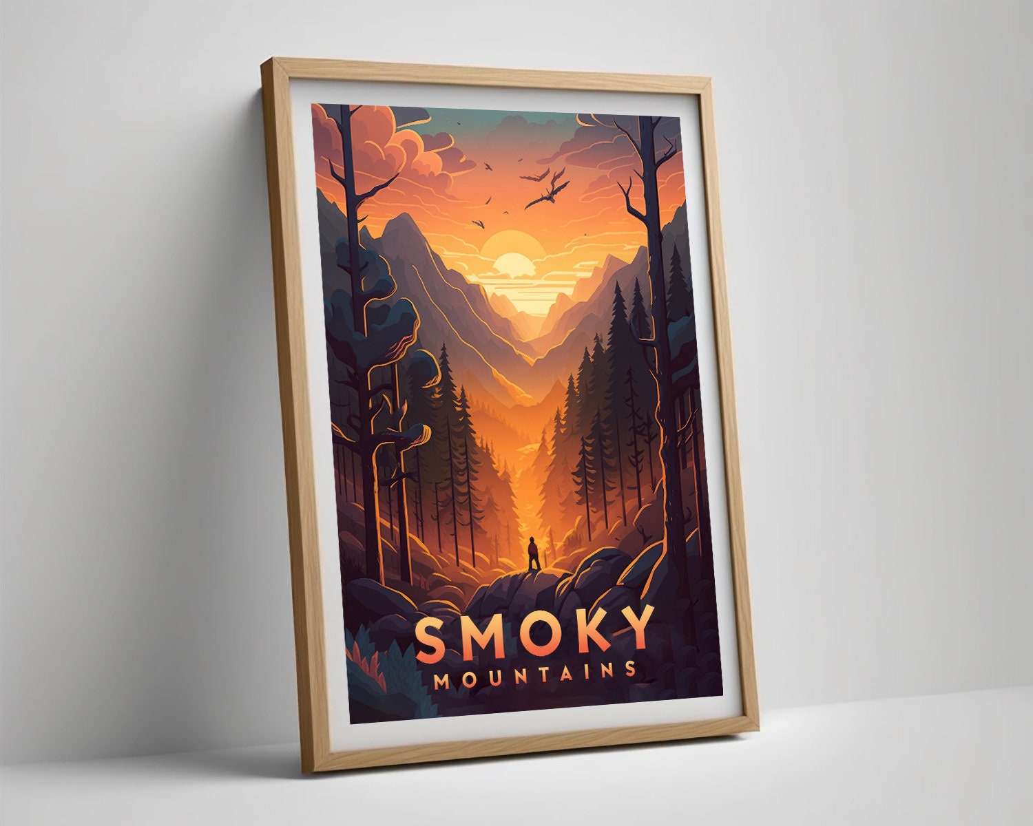 Framed Great Smoky Mountains USA Travel Poster in Portrait orientation, minimal background, close up wall art print 4