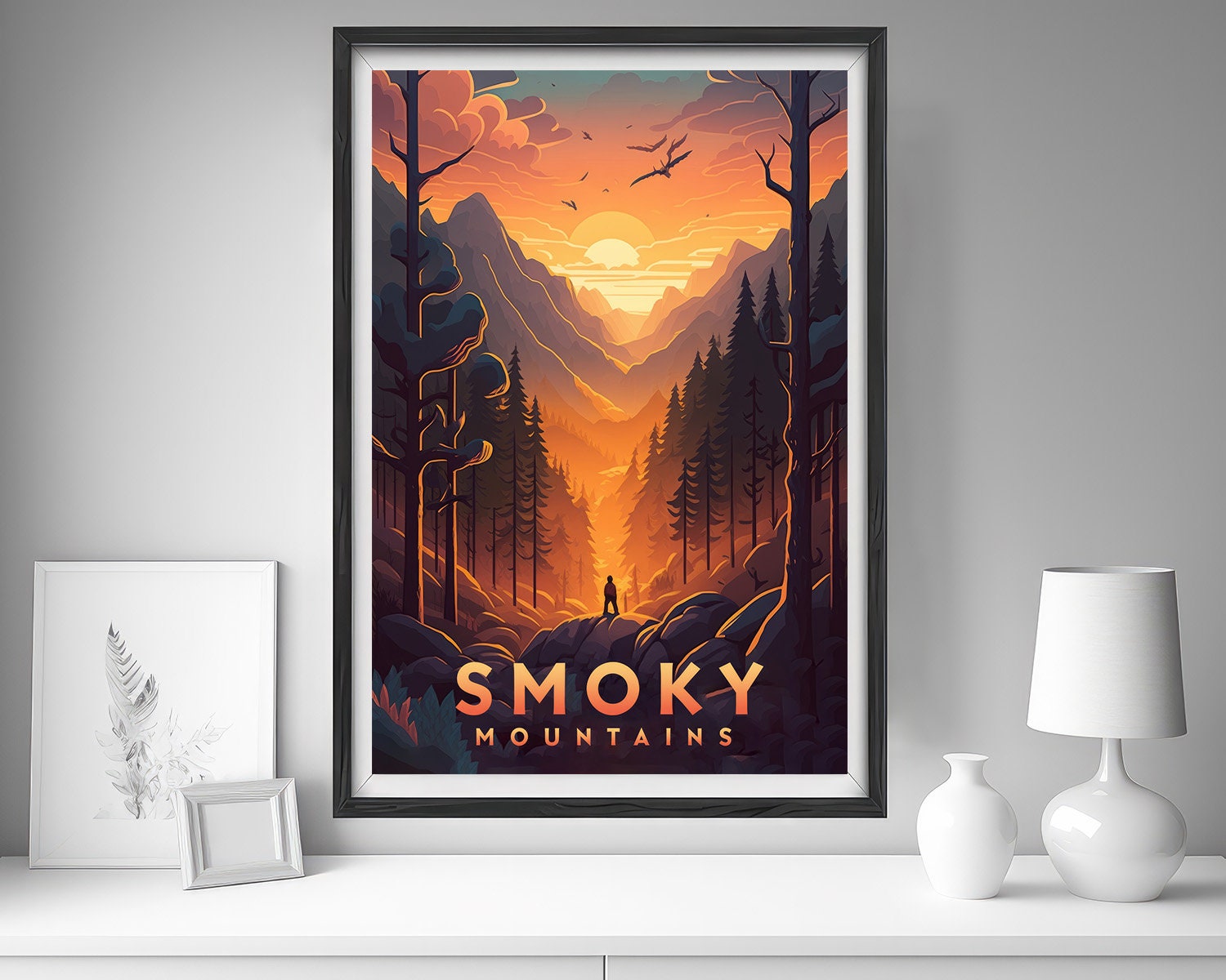 Framed Great Smoky Mountains USA Travel Poster in Portrait orientation, minimal background, close up wall art print 5
