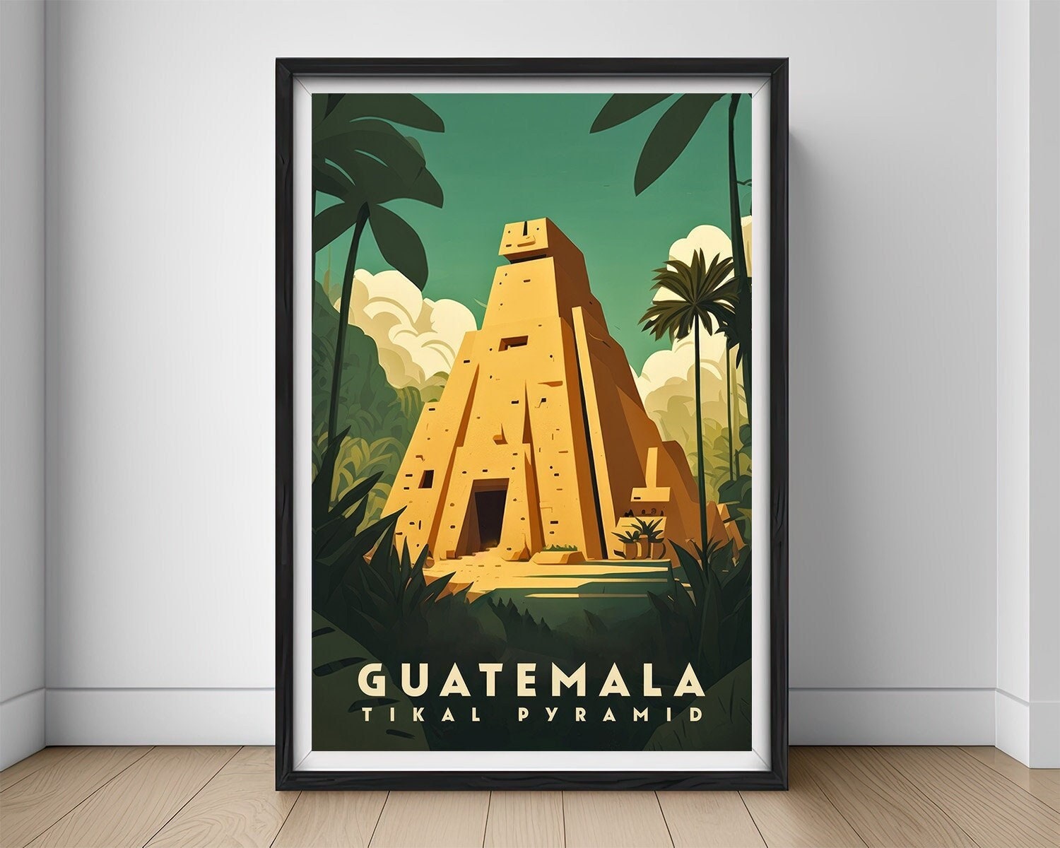 Framed Guatemala Tikal Pyramid Travel Poster in Portrait orientation, minimal background, close up wall art print 1