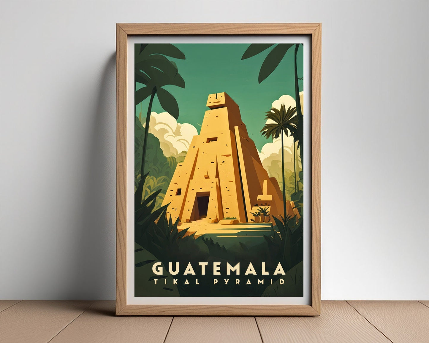 Framed Guatemala Tikal Pyramid Travel Poster in Portrait orientation, minimal background, close up wall art print 2