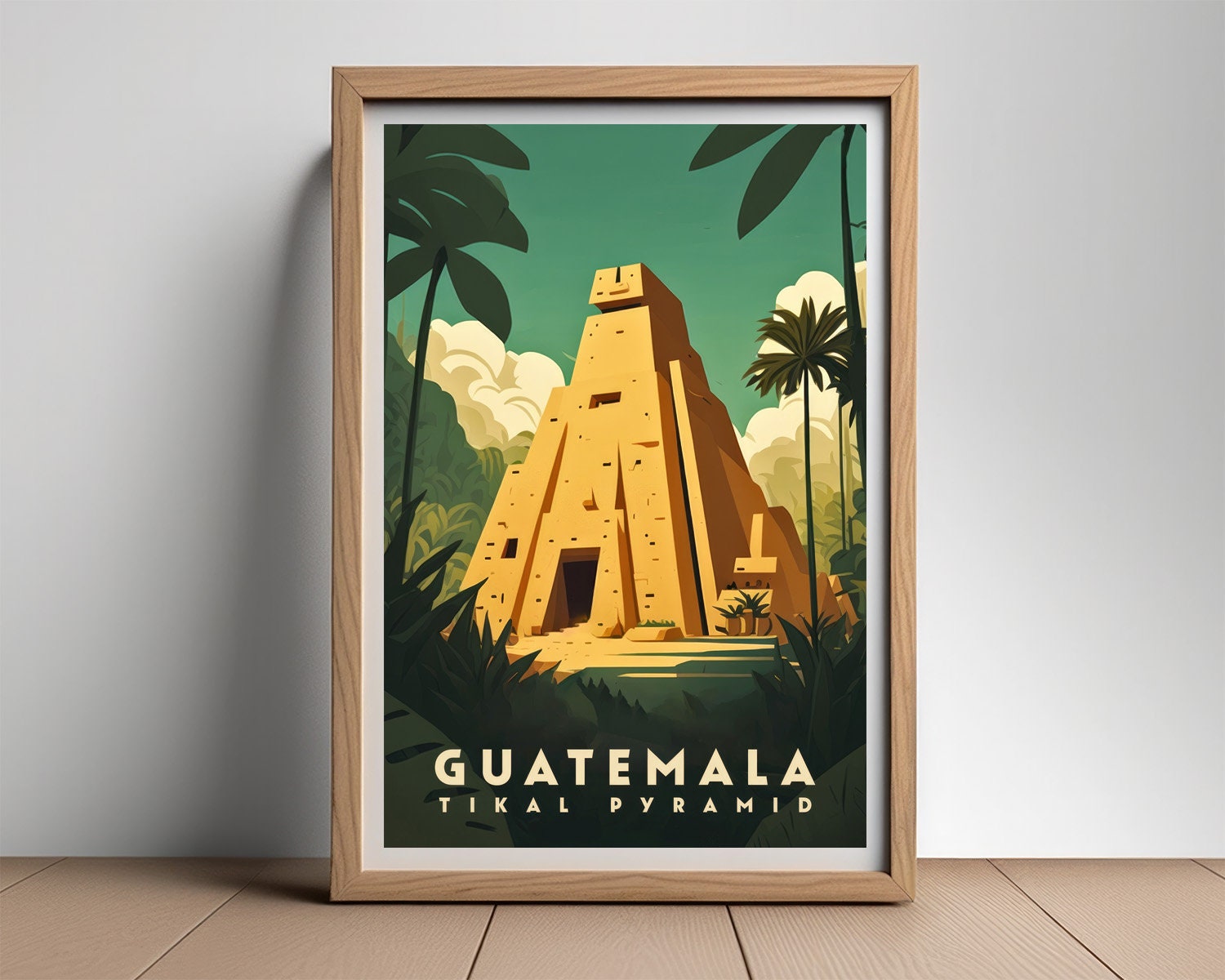 Framed Guatemala Tikal Pyramid Travel Poster in Portrait orientation, minimal background, close up wall art print 2