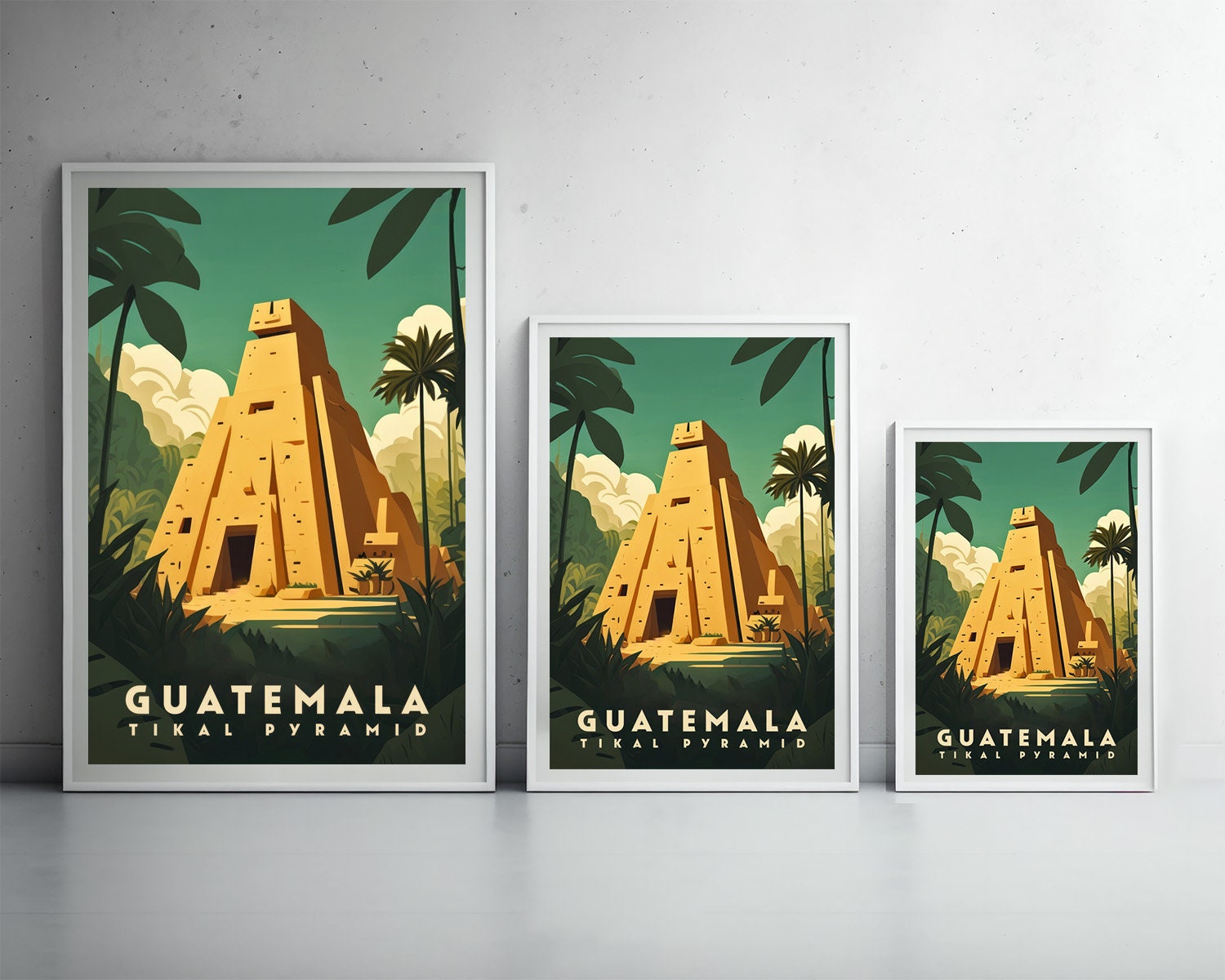 Framed Guatemala Tikal Pyramid Travel Poster in Portrait orientation, minimal background, close up wall art print 3