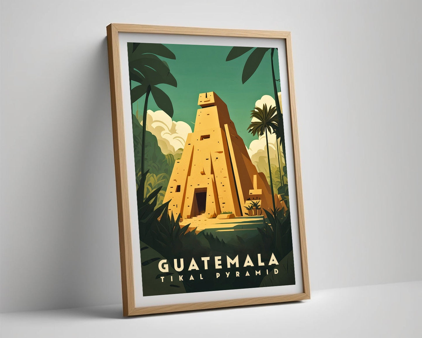 Framed Guatemala Tikal Pyramid Travel Poster in Portrait orientation, minimal background, close up wall art print 4