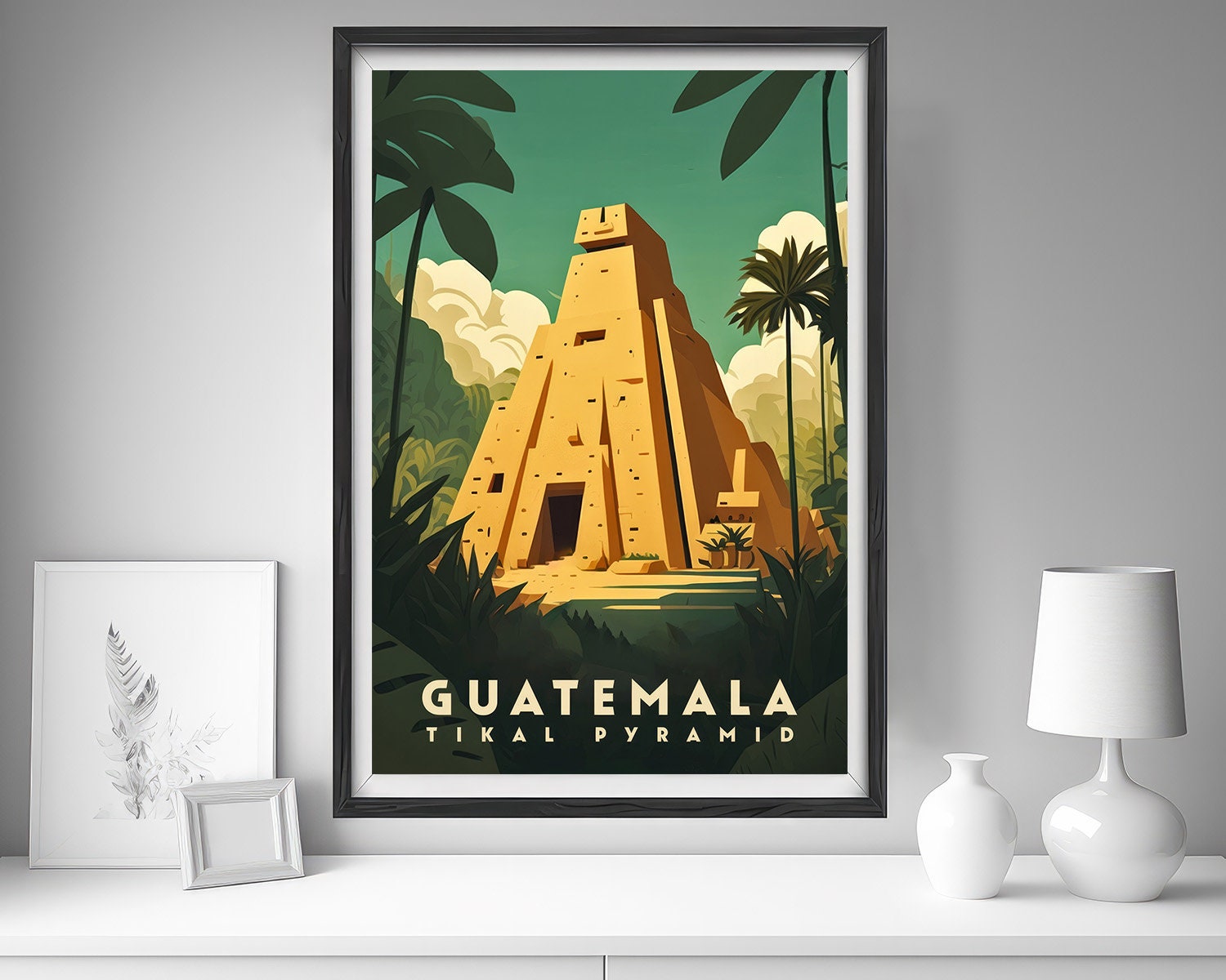 Framed Guatemala Tikal Pyramid Travel Poster in Portrait orientation, minimal background, close up wall art print 5