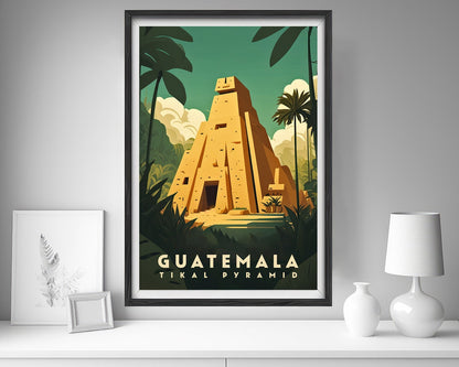 Framed Guatemala Tikal Pyramid Travel Poster in Portrait orientation, minimal background, close up wall art print 5