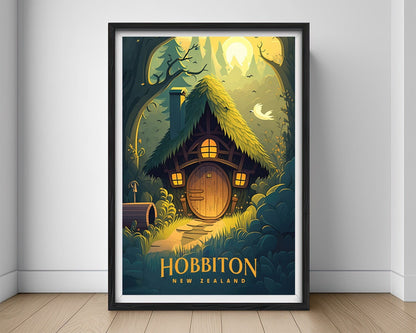 Framed Hobbiton NZ Travel Poster in Portrait orientation, minimal background, close up wall art print 1