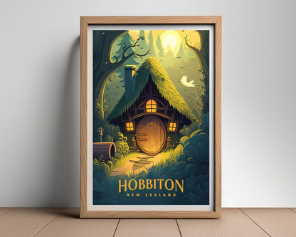 Framed Hobbiton NZ Travel Poster in Portrait orientation, minimal background, close up wall art print 2