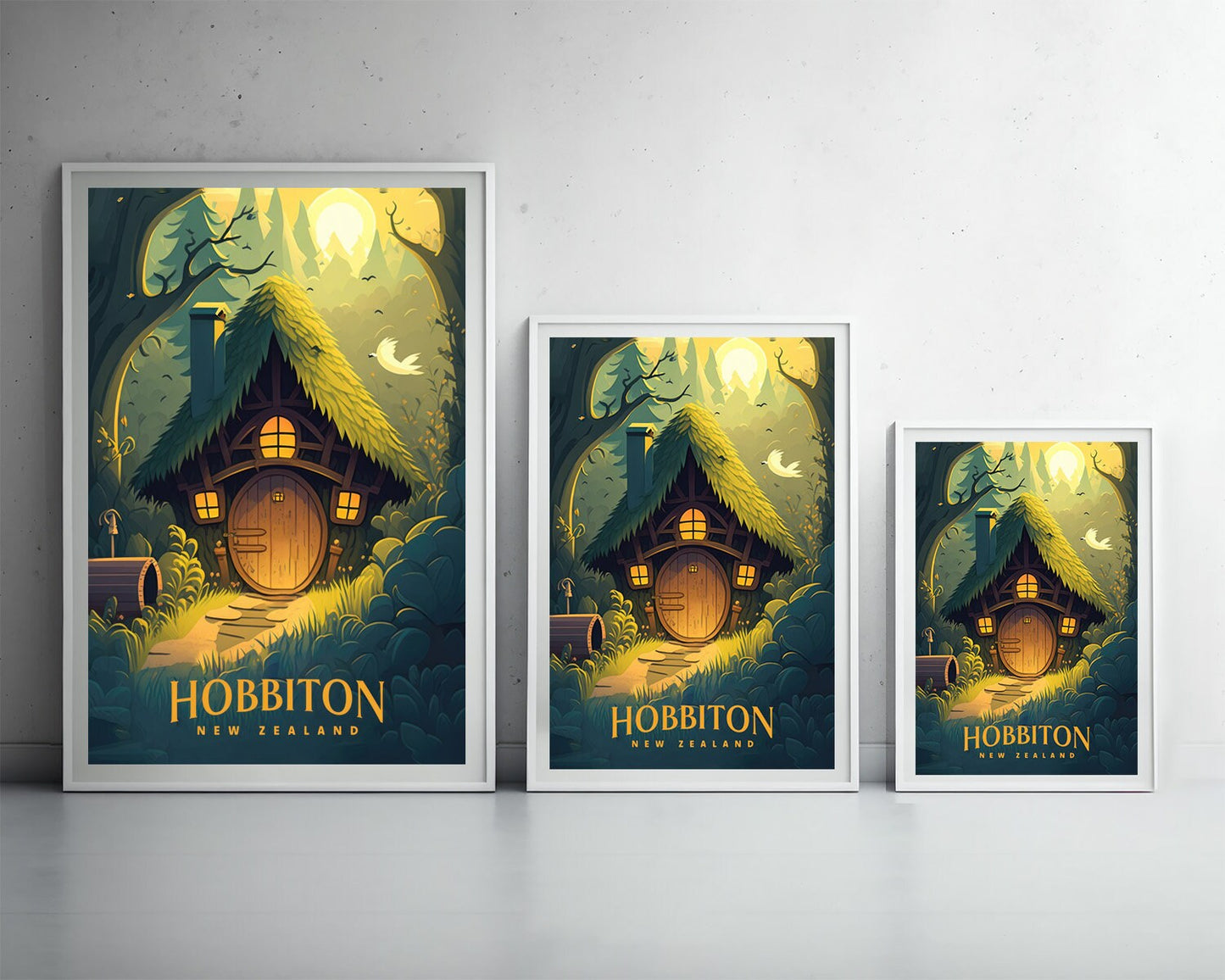 Framed Hobbiton NZ Travel Poster in Portrait orientation, minimal background, close up wall art print 3