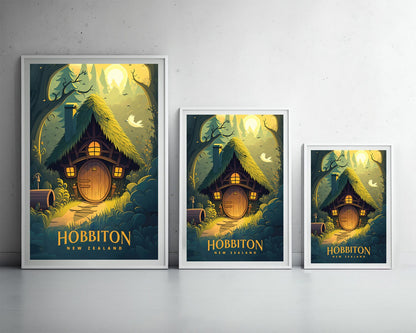 Framed Hobbiton NZ Travel Poster in Portrait orientation, minimal background, close up wall art print 3