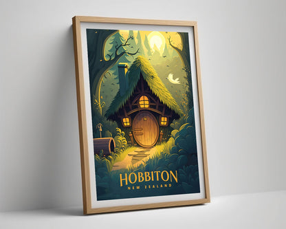 Framed Hobbiton NZ Travel Poster in Portrait orientation, minimal background, close up wall art print 4