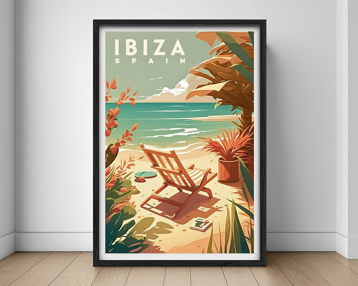 Framed Ibiza Spain Travel Poster in Portrait orientation, minimal background, close up wall art print 1