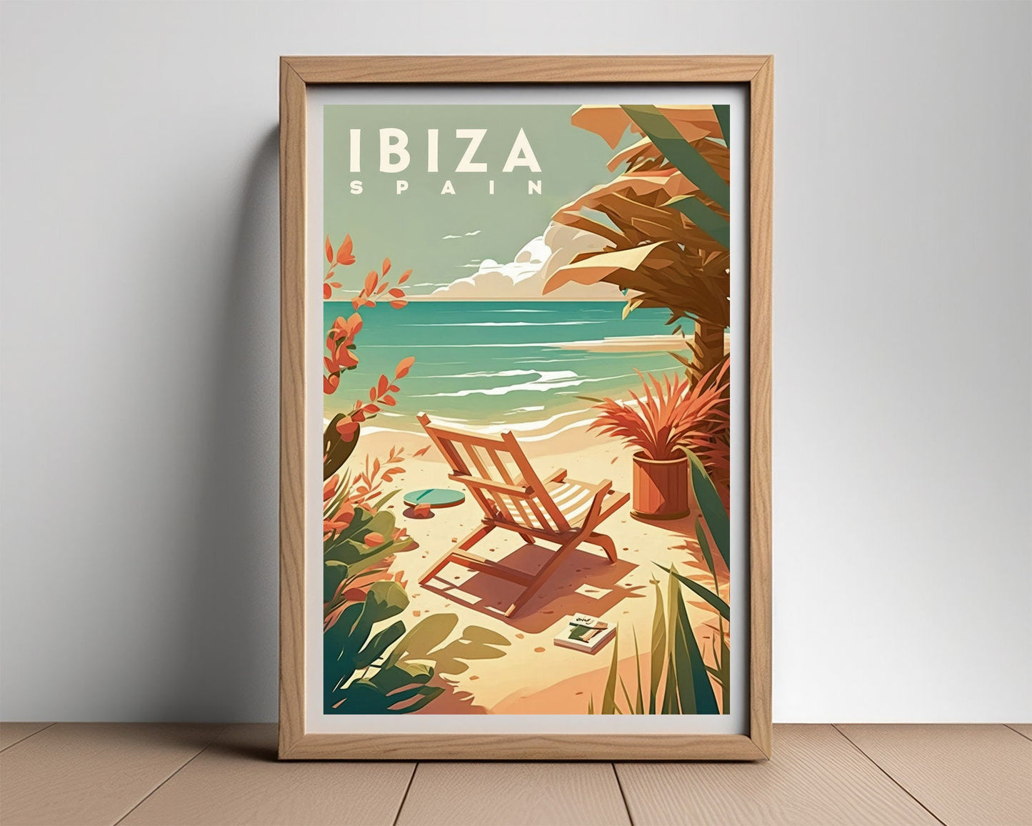 Framed Ibiza Spain Travel Poster in Portrait orientation, minimal background, close up wall art print 2