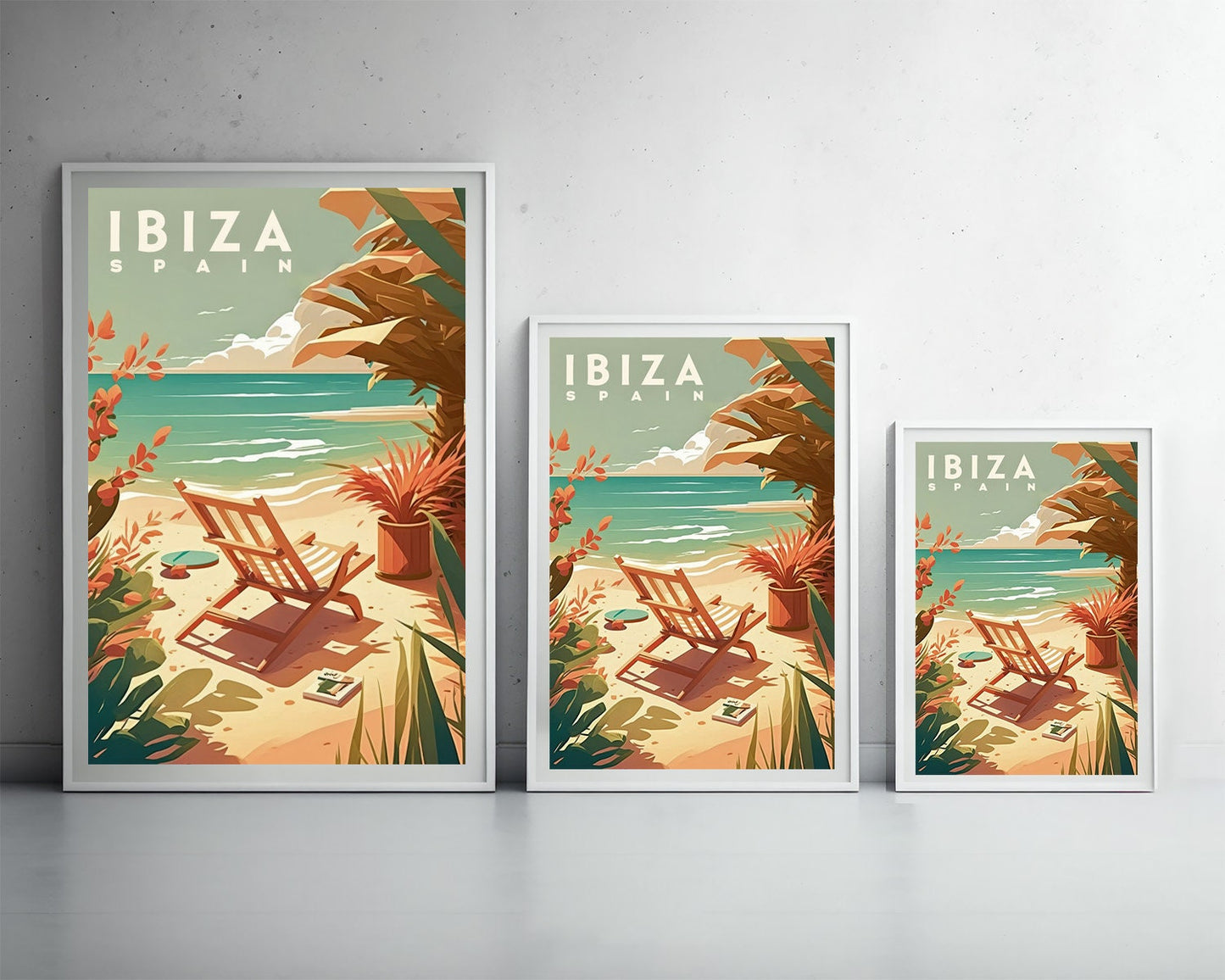 Framed Ibiza Spain Travel Poster in Portrait orientation, minimal background, close up wall art print 3