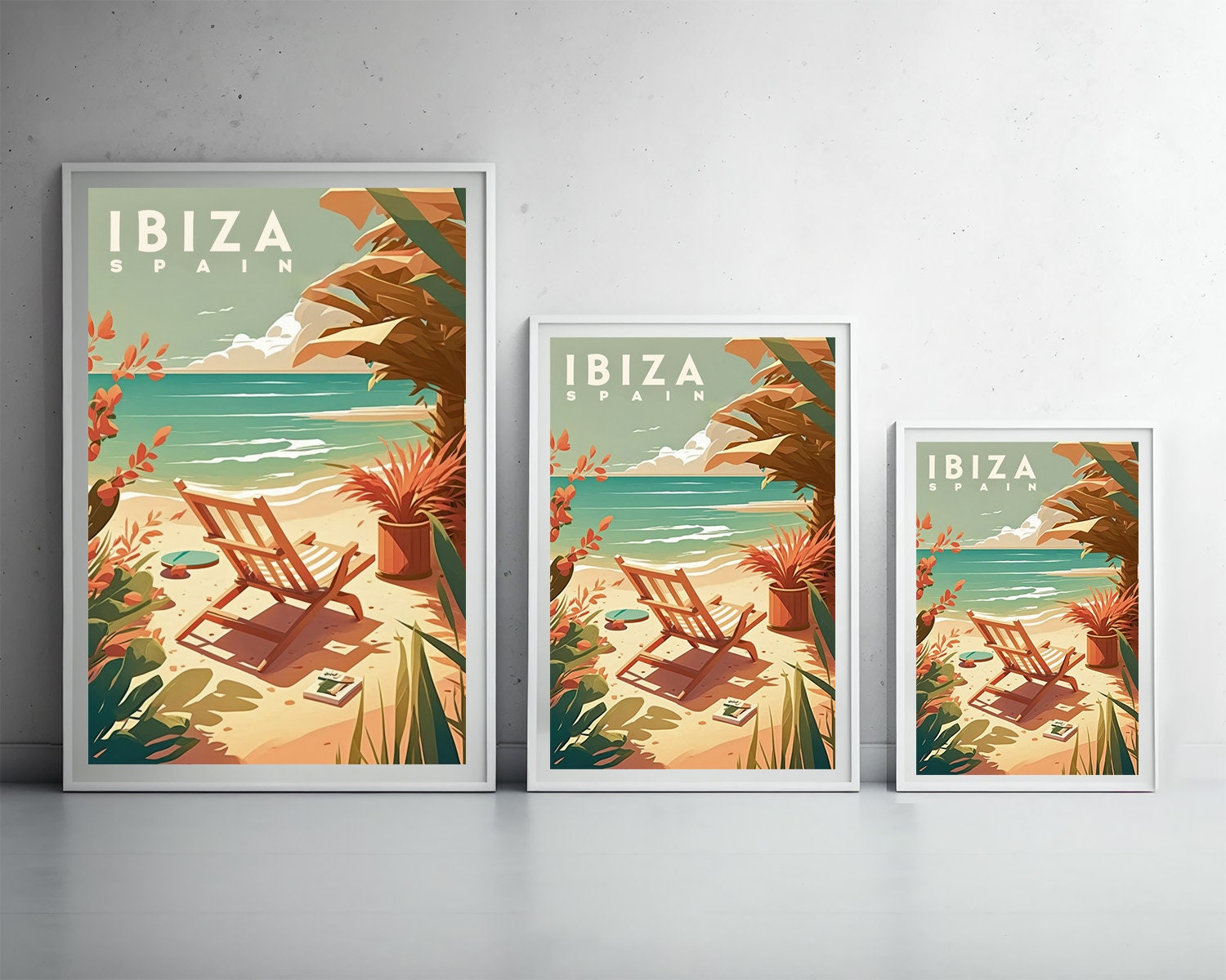 Framed Ibiza Spain Travel Poster in Portrait orientation, minimal background, close up wall art print 3