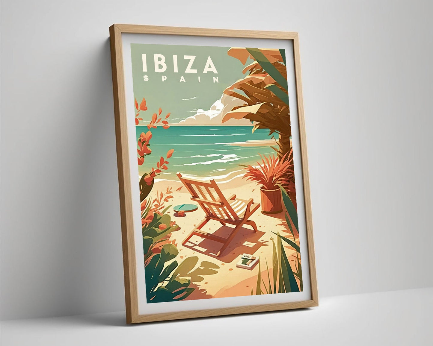 Framed Ibiza Spain Travel Poster in Portrait orientation, minimal background, close up wall art print 4