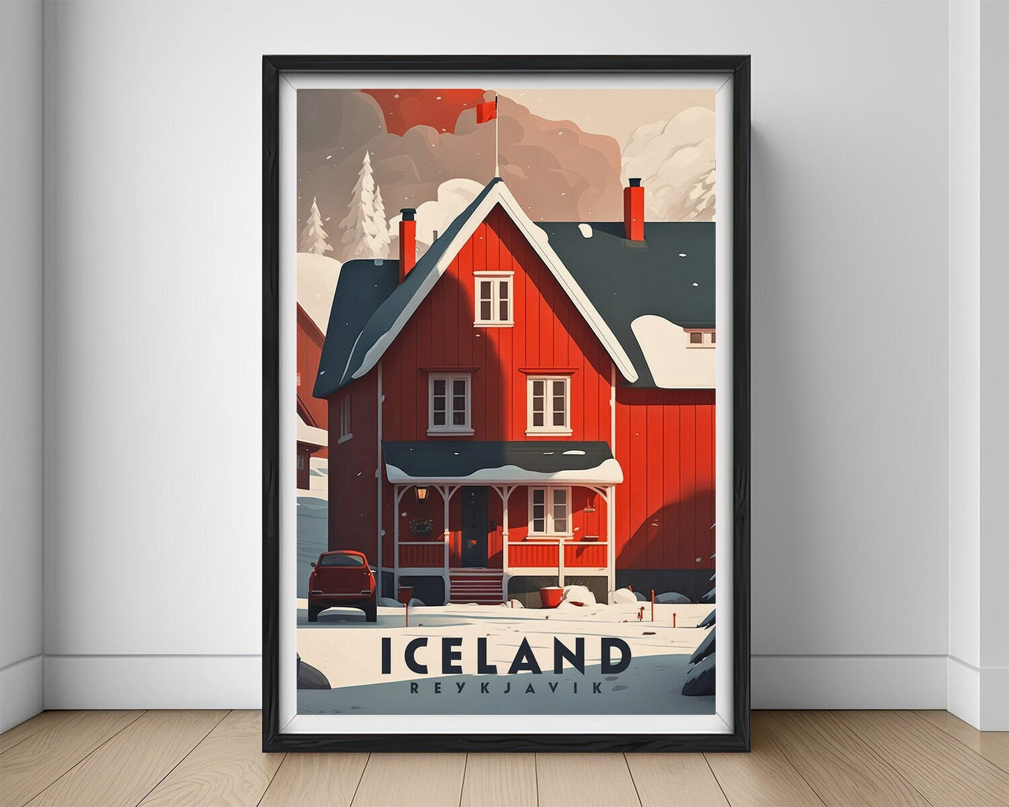 Framed Iceland Reykjavik Travel Poster in Portrait orientation, minimal background, close up wall art print 1