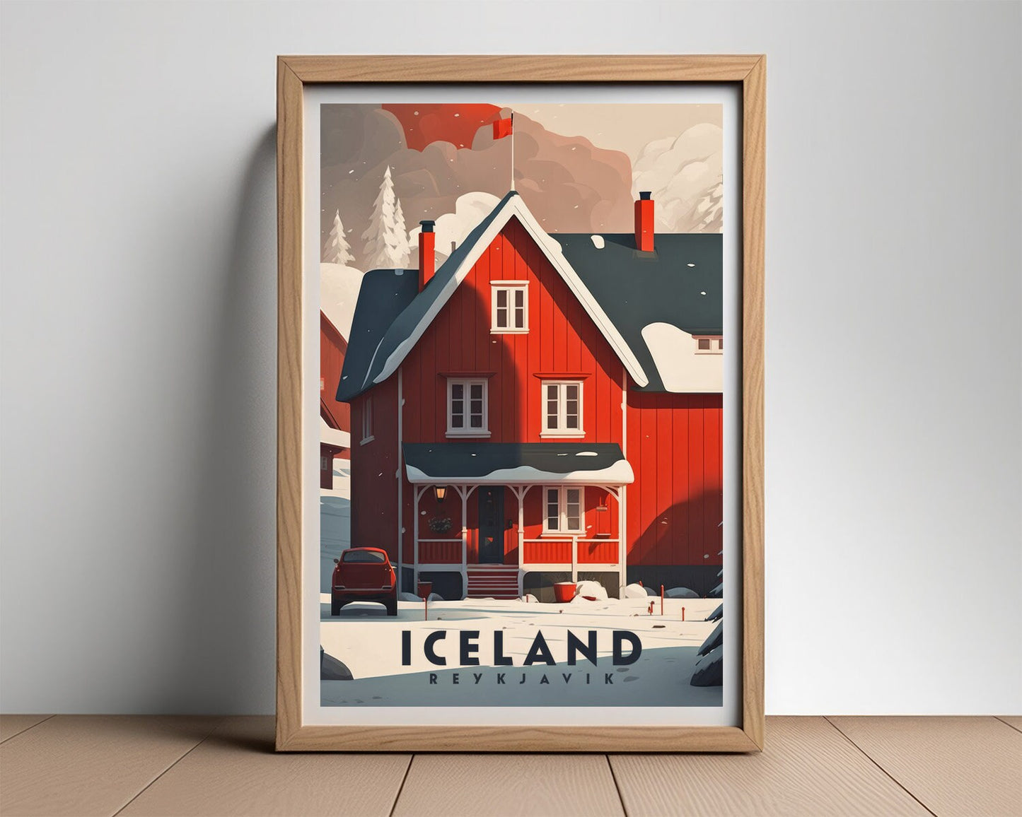 Framed Iceland Reykjavik Travel Poster in Portrait orientation, minimal background, close up wall art print 2
