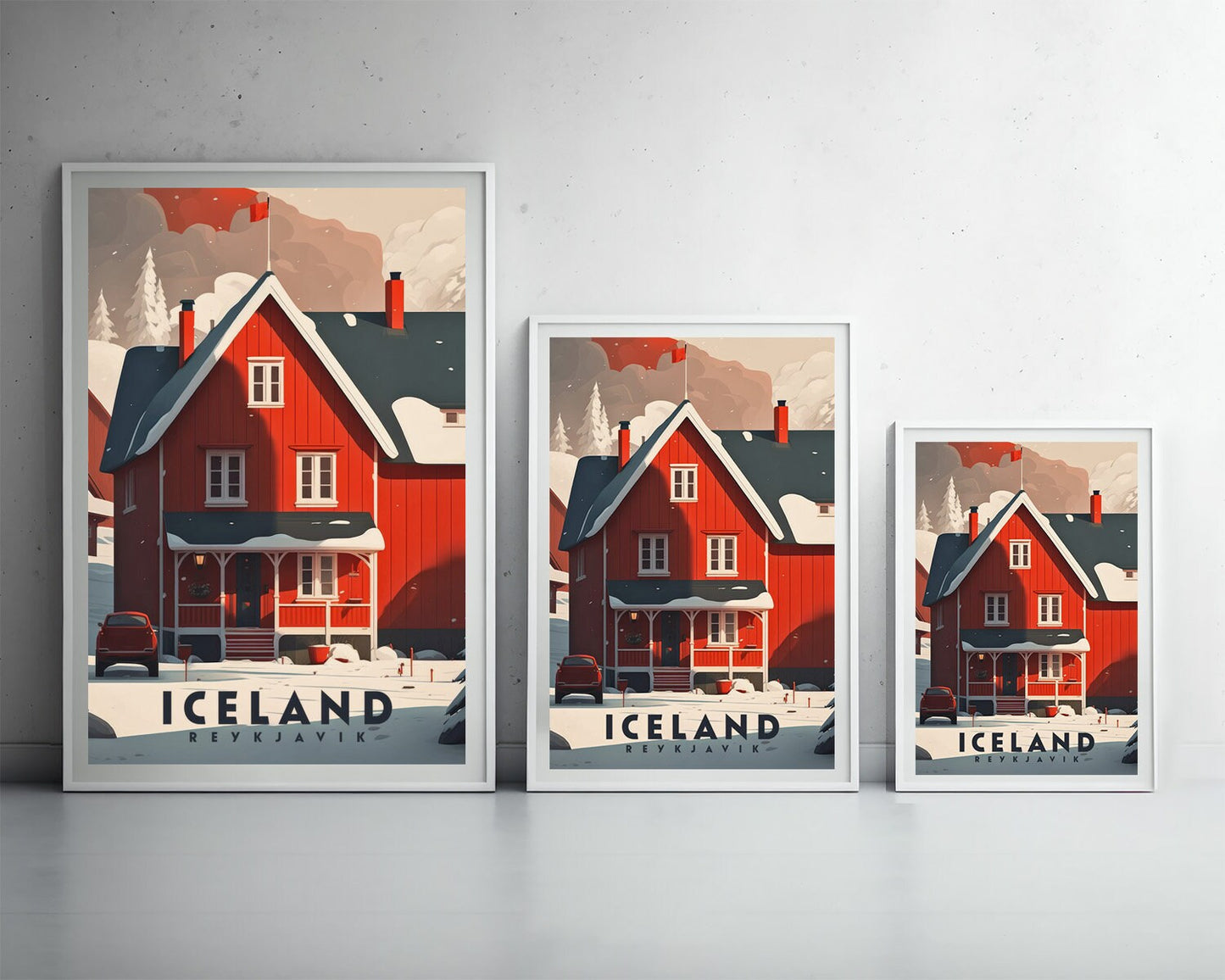 Framed Iceland Reykjavik Travel Poster in Portrait orientation, minimal background, close up wall art print 3