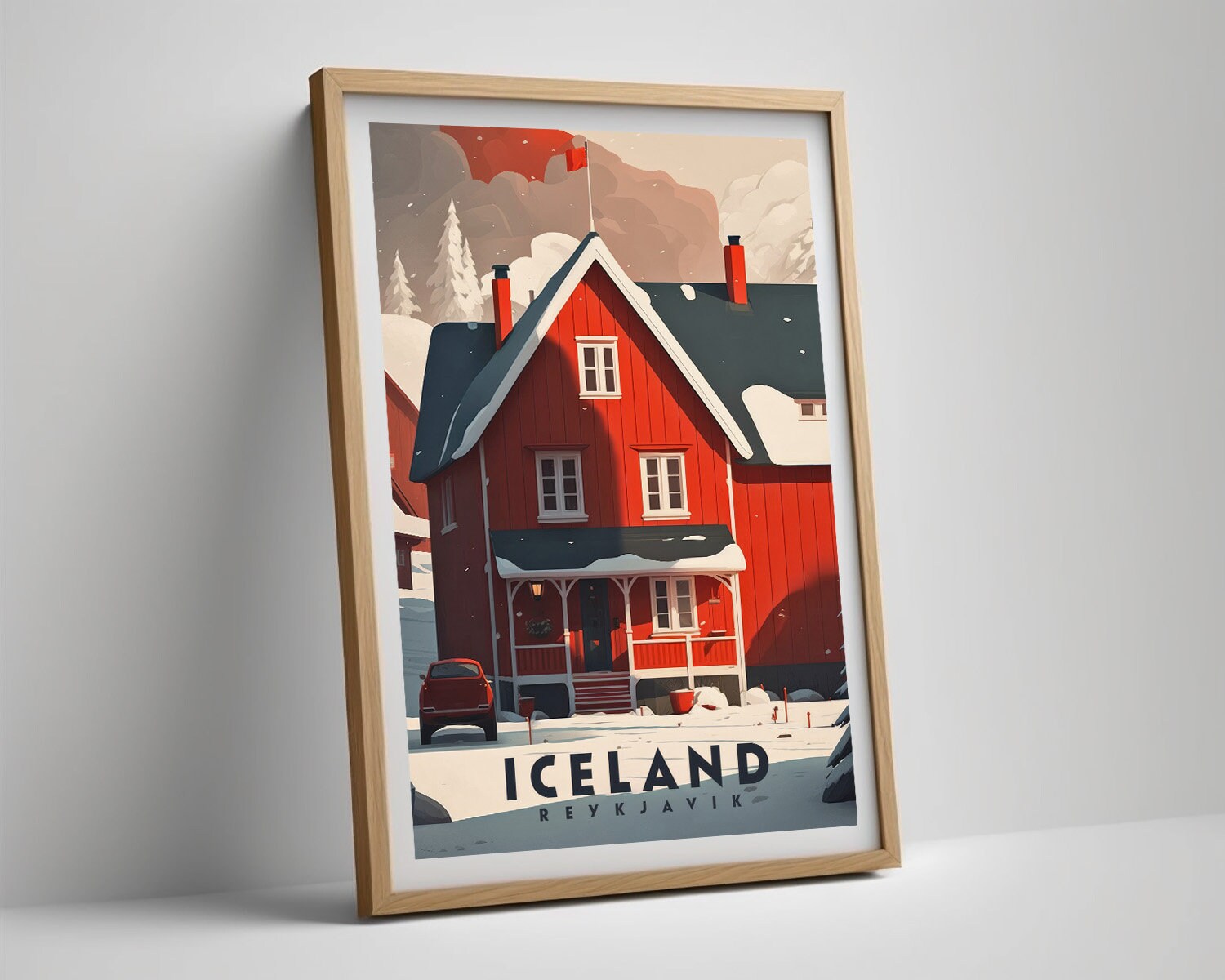 Framed Iceland Reykjavik Travel Poster in Portrait orientation, minimal background, close up wall art print 4