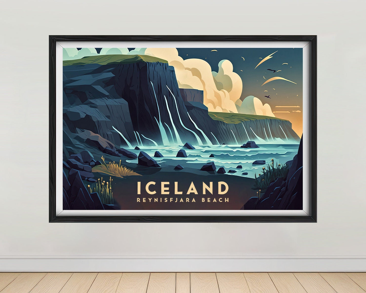Framed Iceland Reynisfjara Beach Europe Travel Poster in Landscape orientation, minimal background, close up wall art print 1