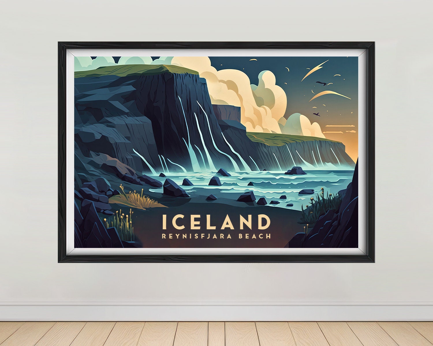Framed Iceland Reynisfjara Beach Europe Travel Poster in Landscape orientation, minimal background, close up wall art print 1