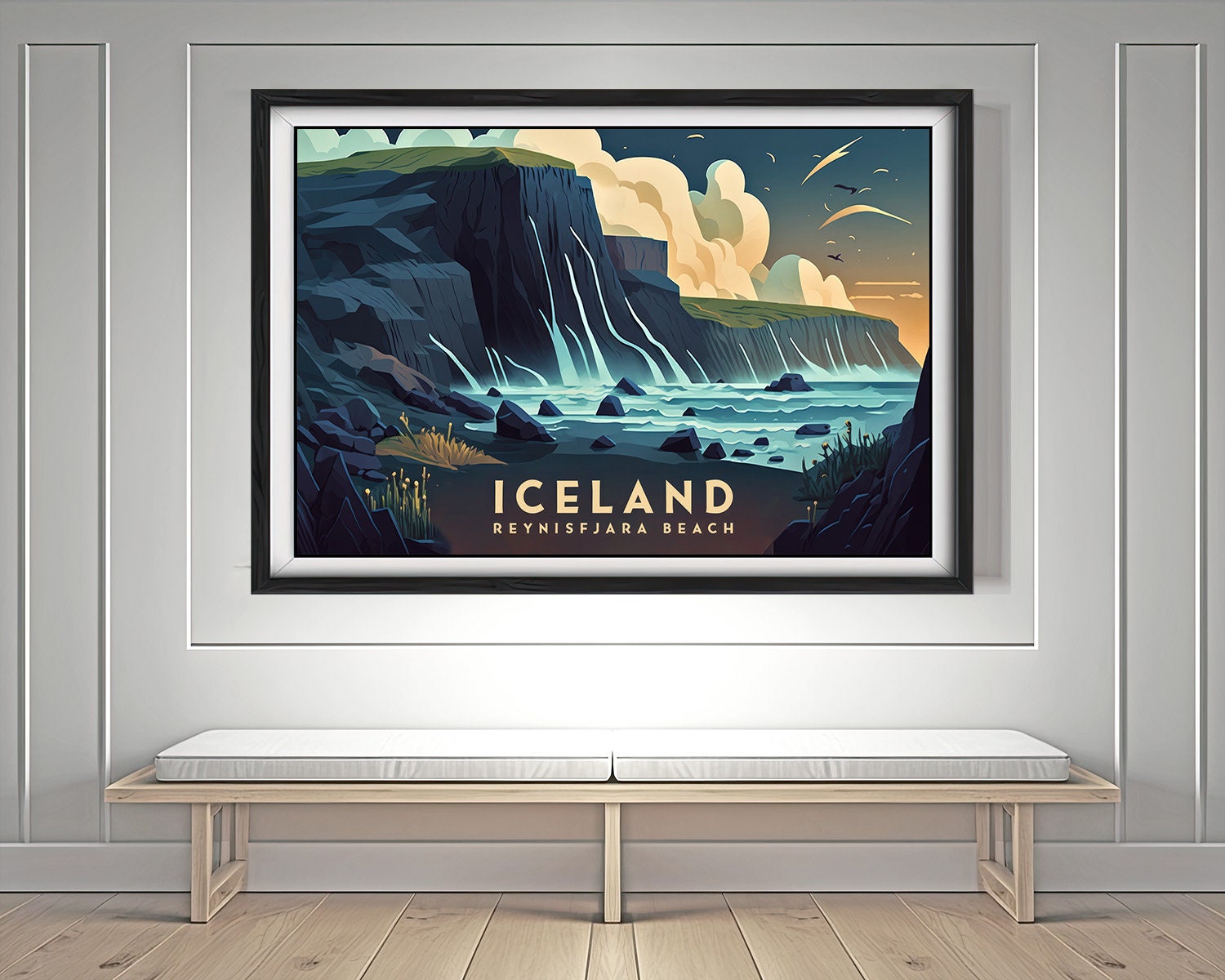 Framed Iceland Reynisfjara Beach Europe Travel Poster in Landscape orientation, minimal background, close up wall art print 2